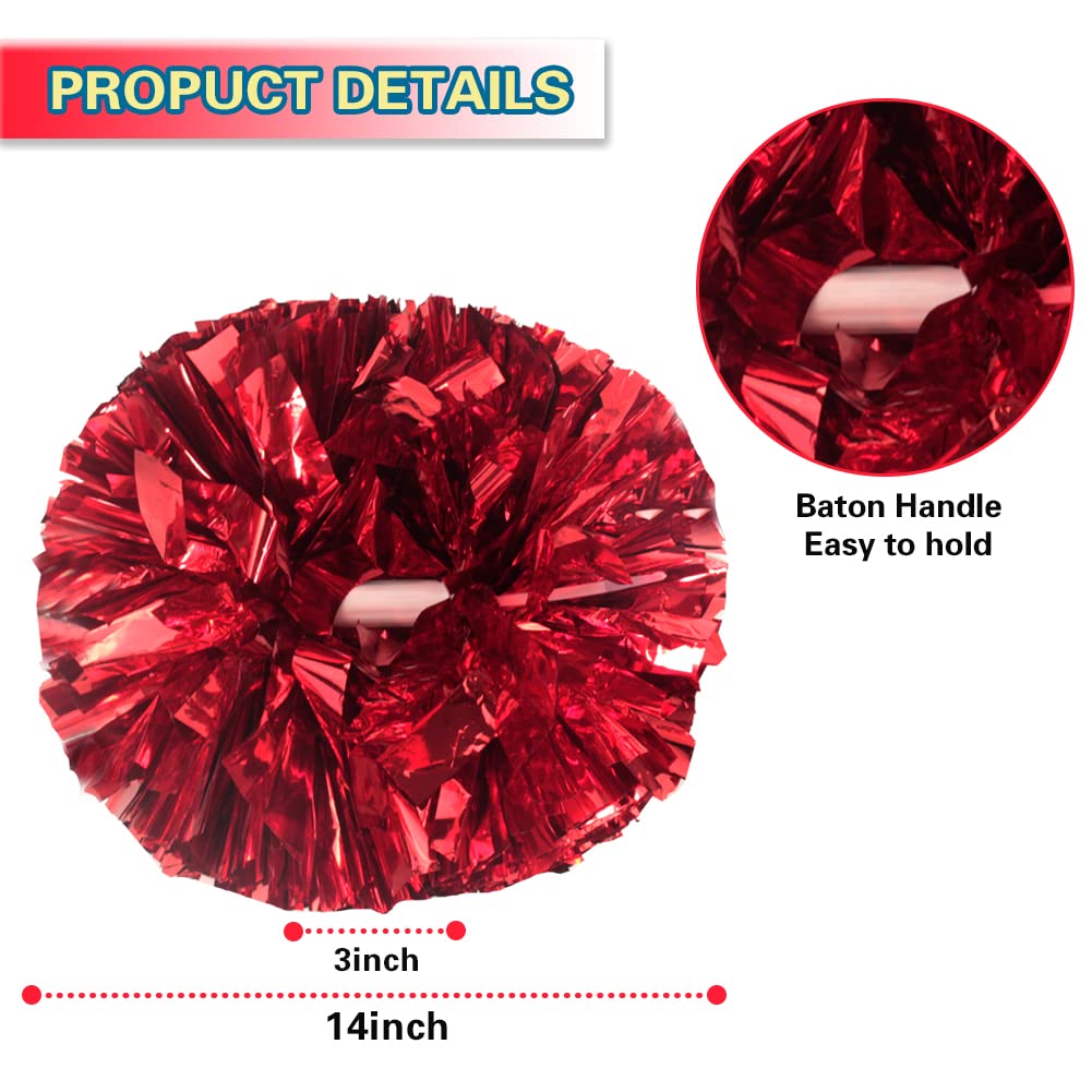 Lovecheer 2Pcs Red Pom Poms Cheerleading Metallic Cheer Pom Poms With Baton Handle For Sports Team Spirit Party Cheering