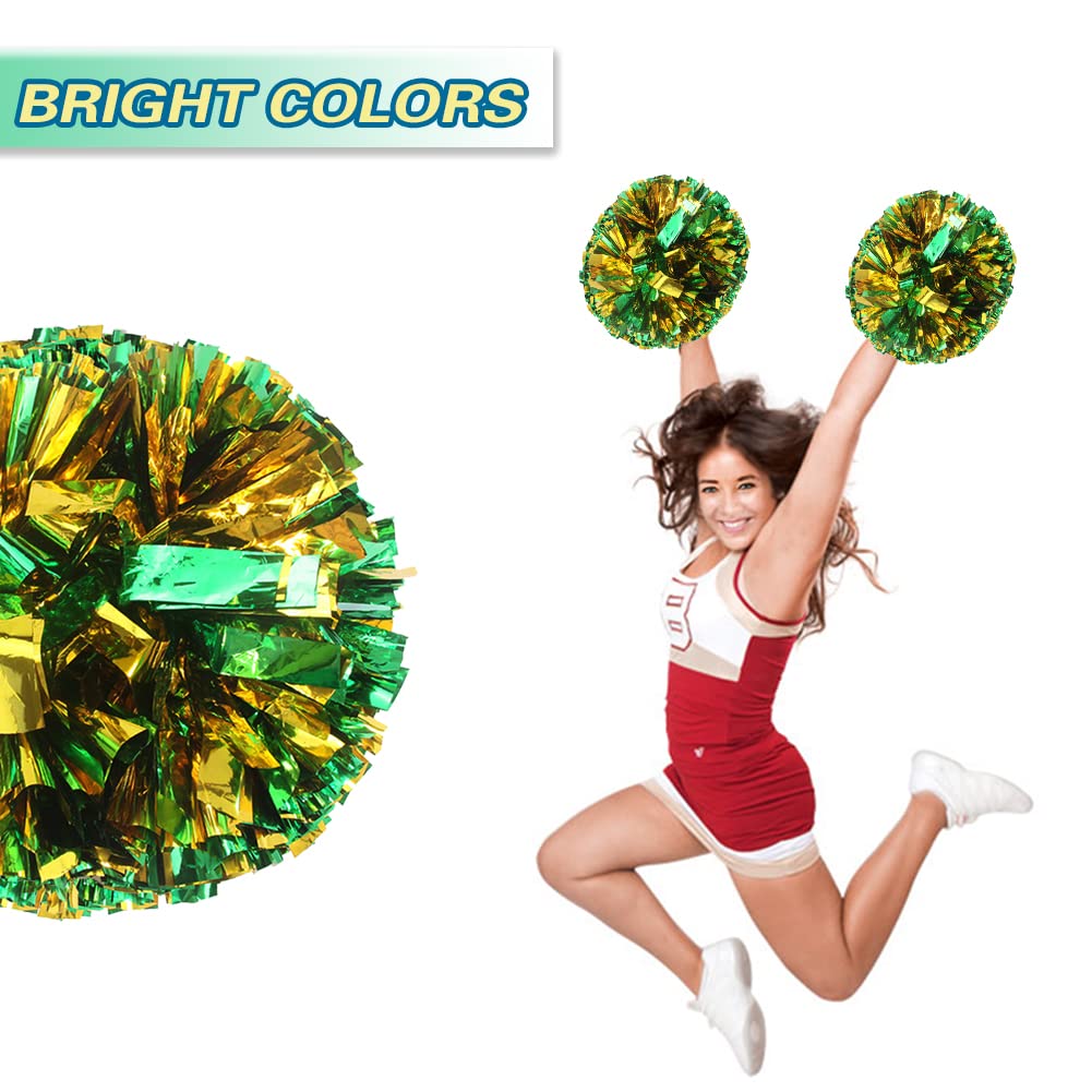 Lovecheer 2Pcs Pom Poms Cheerleading Green And Gold Metallic Cheer Pom Poms With Baton Handle For Sports Team Spirit Party Cheer