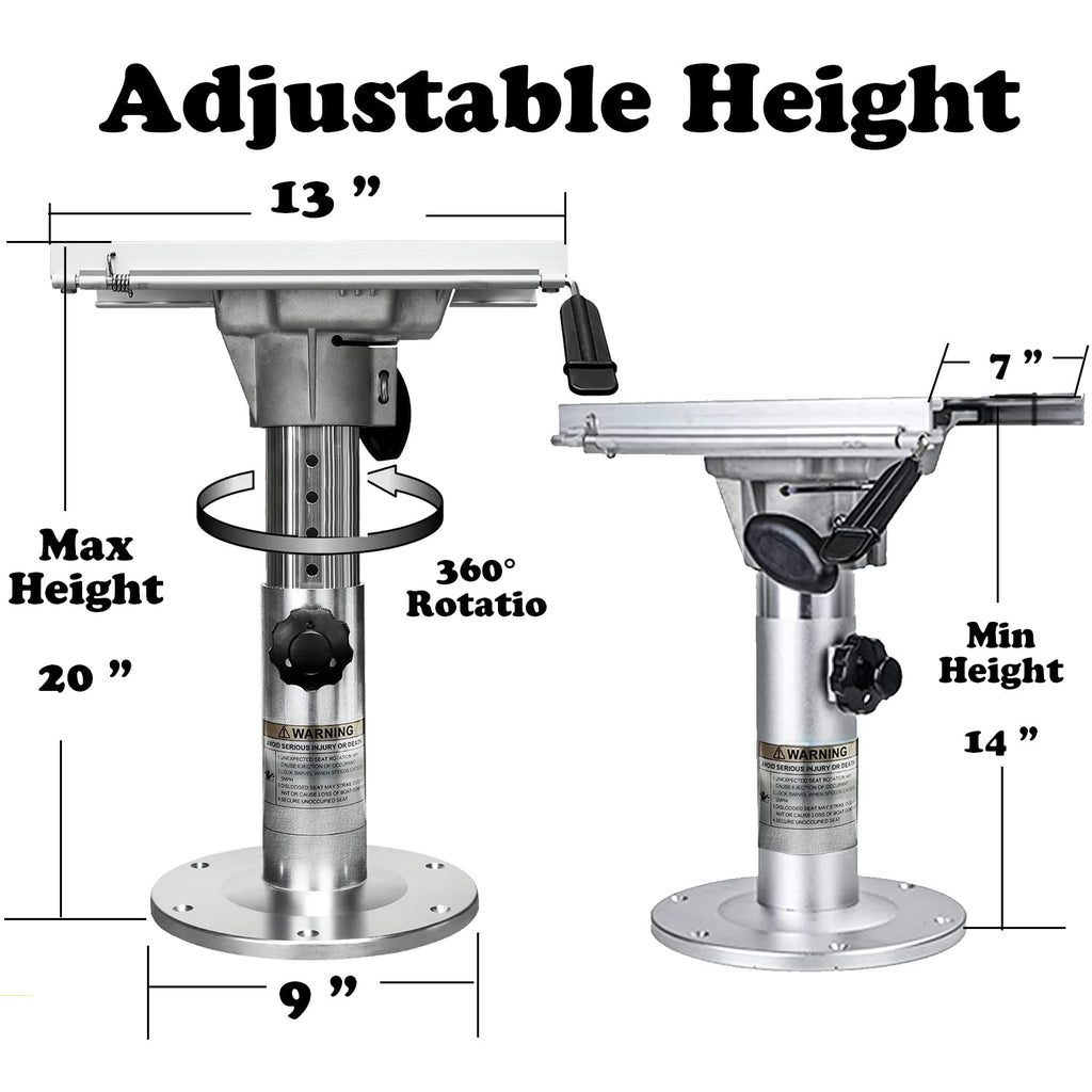 Onhi Adjustable Aluminum Boat Seat Pedestal 14-20 Inch Height With Slide, Locking Mechanism, Silver Matte Brushed Finish, Ideal