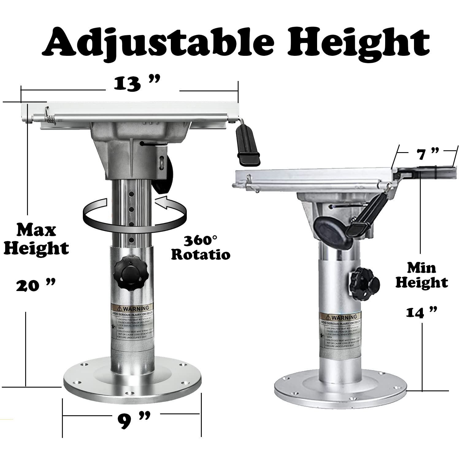 Onhi Adjustable Aluminum Boat Seat Pedestal 14-20 Inch Height With Slide, Locking Mechanism, Silver Matte Brushed Finish, Ideal