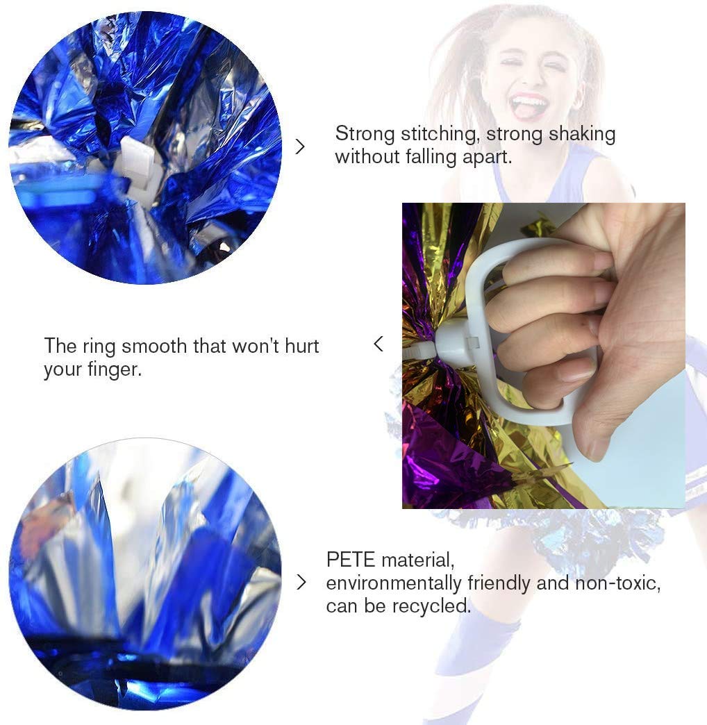 Puzine 2Pack 12 Cheerleading Metallic Foil & Plastic Ring Pom Poms Cheerleading Poms (80G) (Blue With Gold)