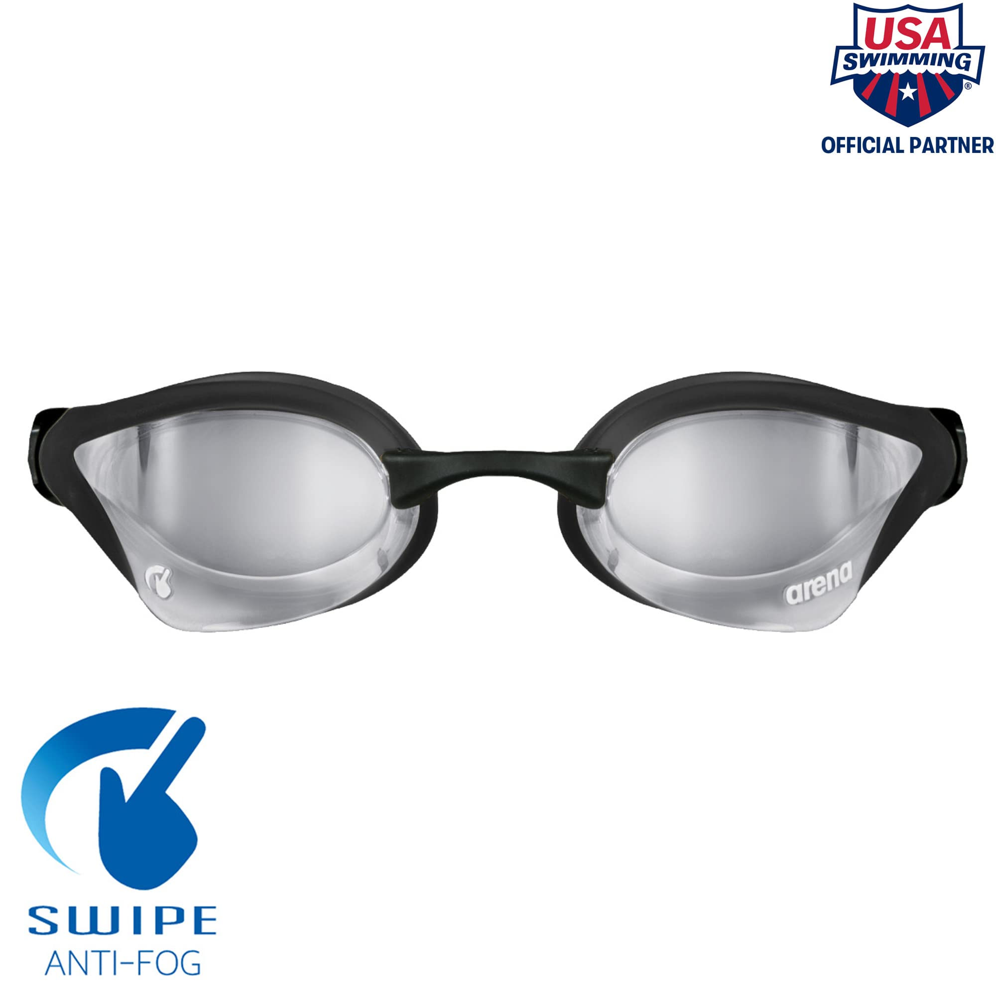 Arena Unisex Cobra Core Swipe Anti-Fog Racing Swim Goggles For Men And Women Polycarbonate Mirror Lens, Silver/Black