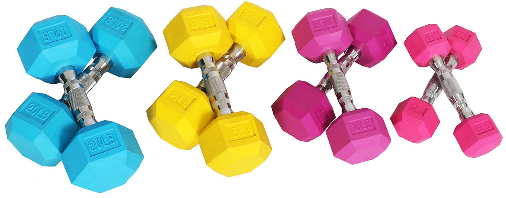 Fitvids Colored Rubber Encased Hex Dumbbell, Set Including 5, 10, 15, 20Lb Pairs