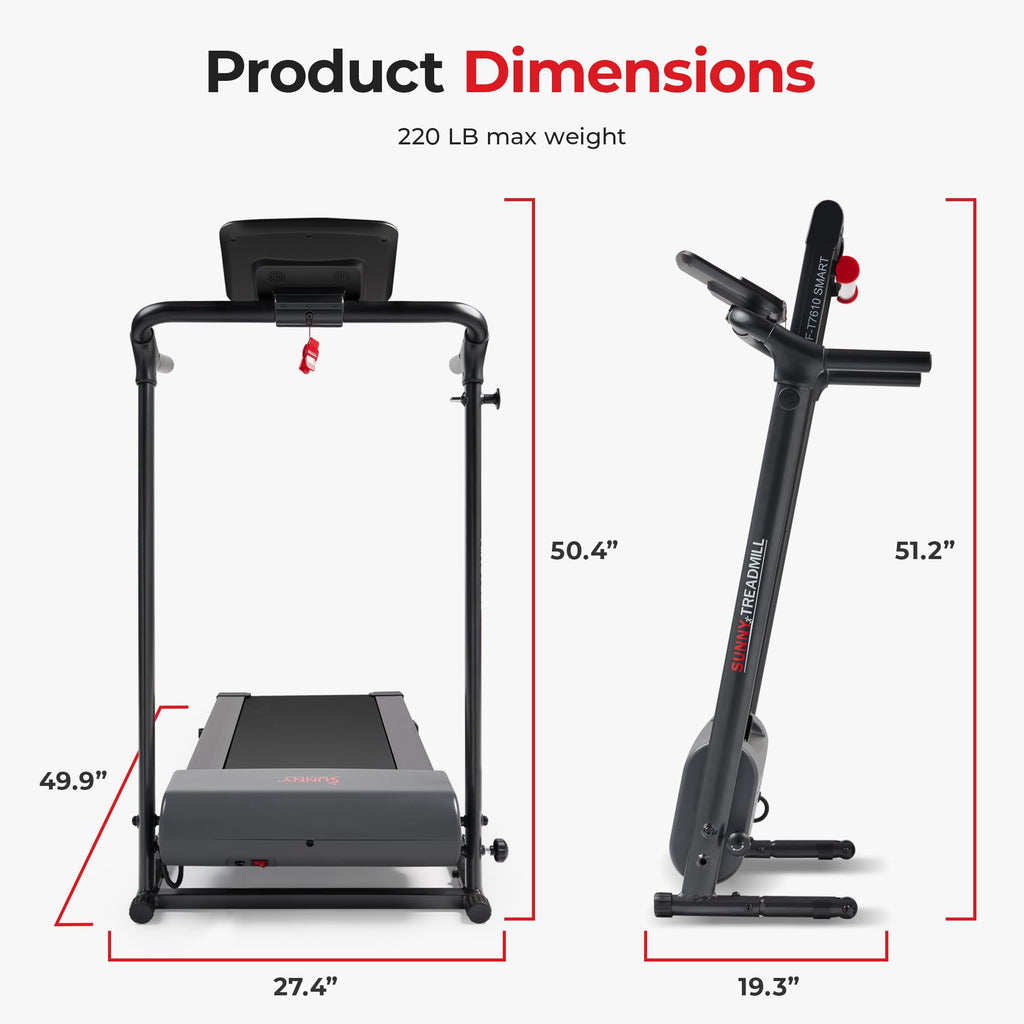 Sunny Health & Fitness Smart Foldable Exercise Running Walking Treadmill, Easy Assembly, LCD Performance Monitor, Device Holder,