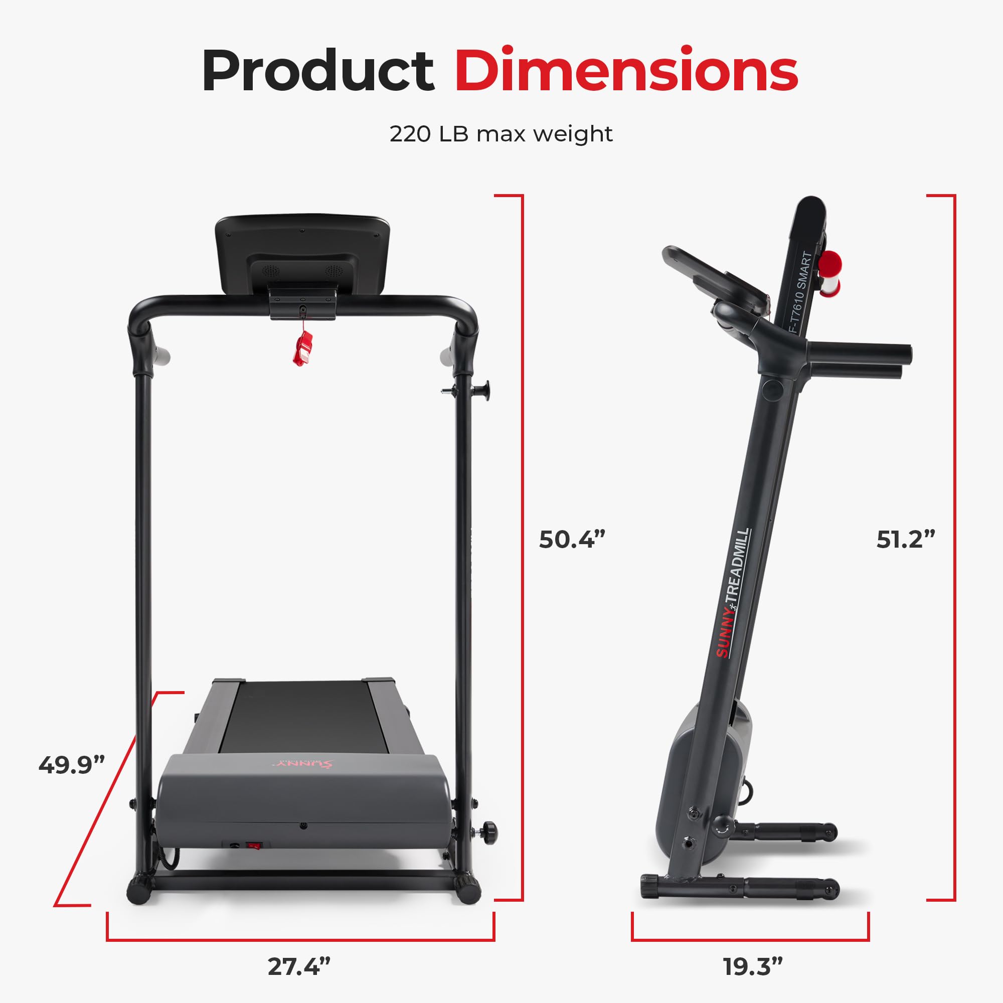 Sunny Health & Fitness Smart Foldable Exercise Running Walking Treadmill, Easy Assembly, LCD Performance Monitor, Device Holder,