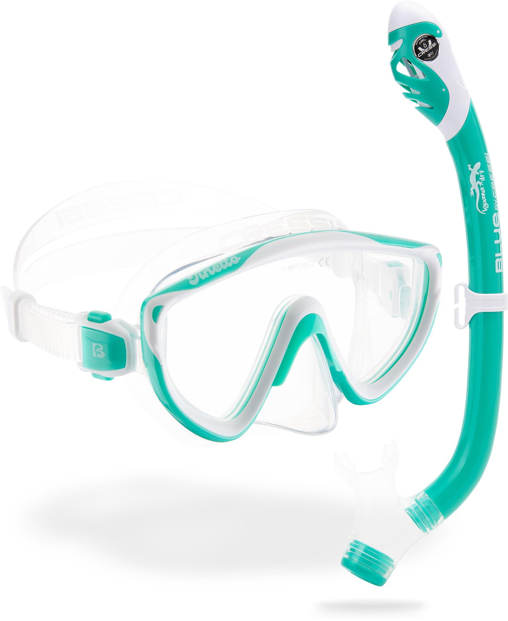 Cressi Tinetto & Iguana Dry Mask & Snorkel Kits, Aqua Green/White