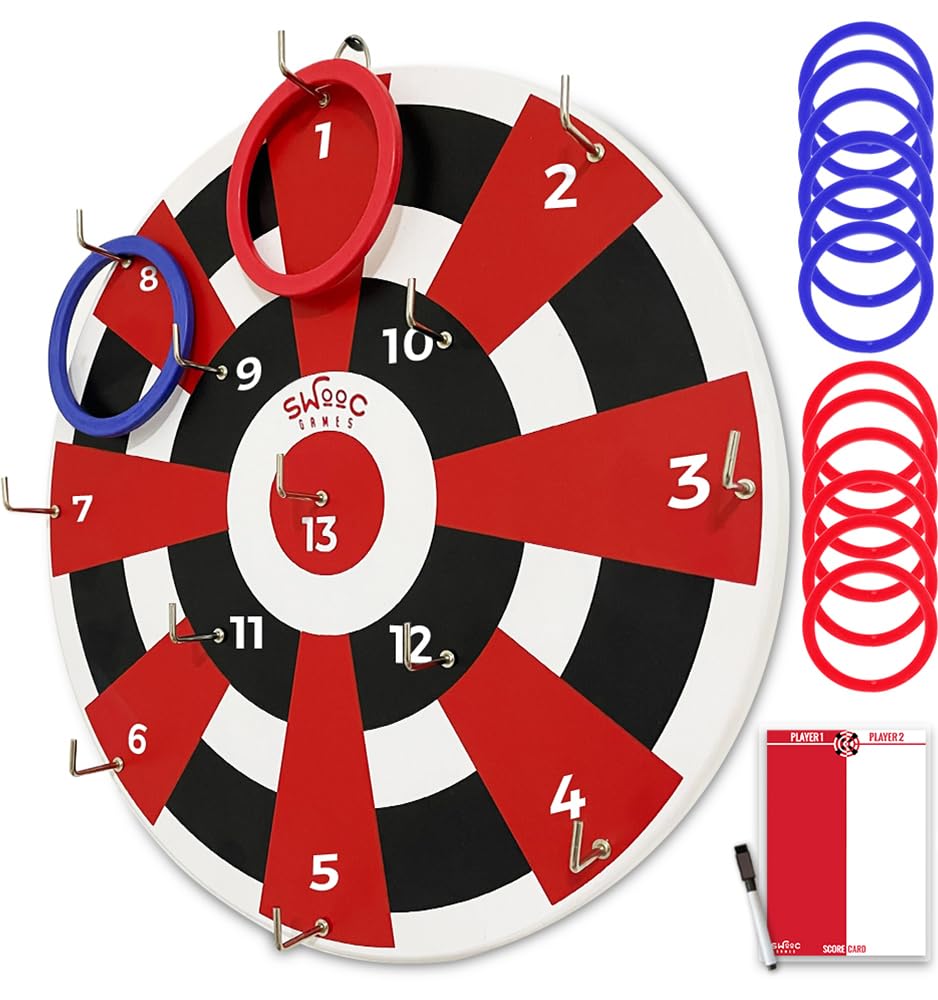 SWOOC Games - Hook Darts Ring Toss Game - Wood Board & Soft Rings - 20+ Games Included for Kids & Adults - Wall Mount Games - Ri
