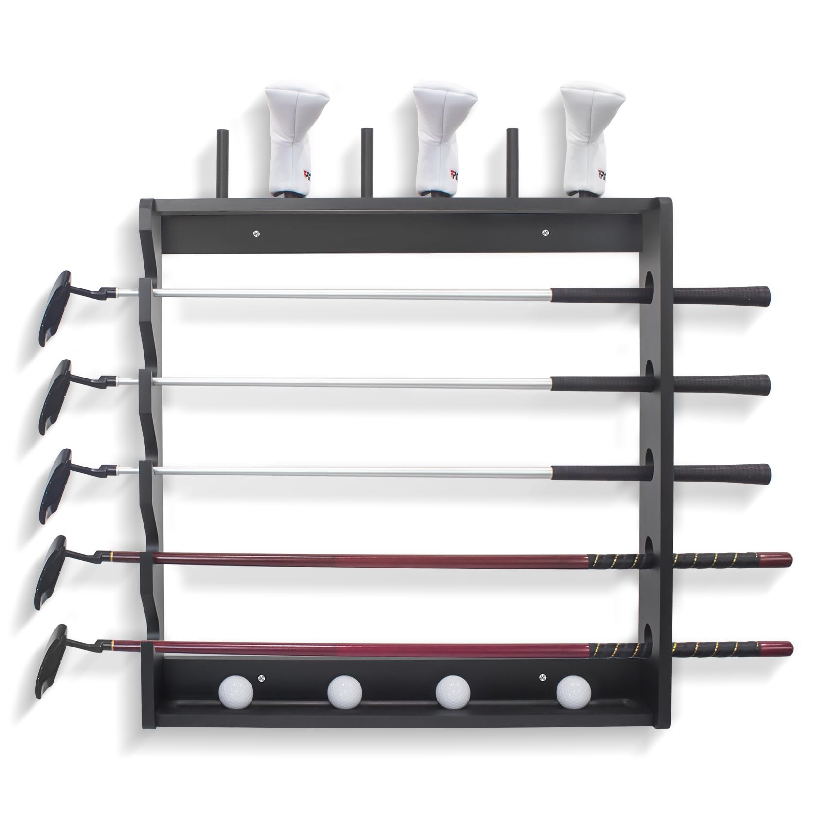 Golf Club Holder Rack - Indoor Wooden 5 Golfs Putter Storage Wall Mount Stand, Organizer For Sticks Clubs/Putter/Golf Balls/Head