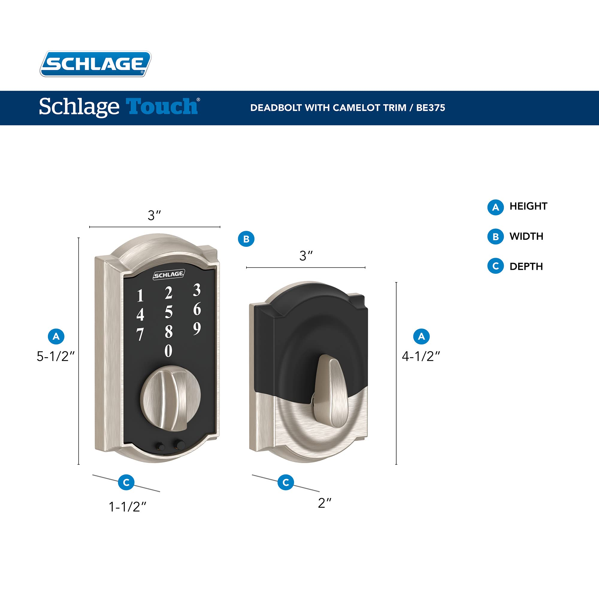 Schlage Be375 Cam 622 Touch Camelot Deadbolt, Electronic Keyless Entry Lock, Matte Black