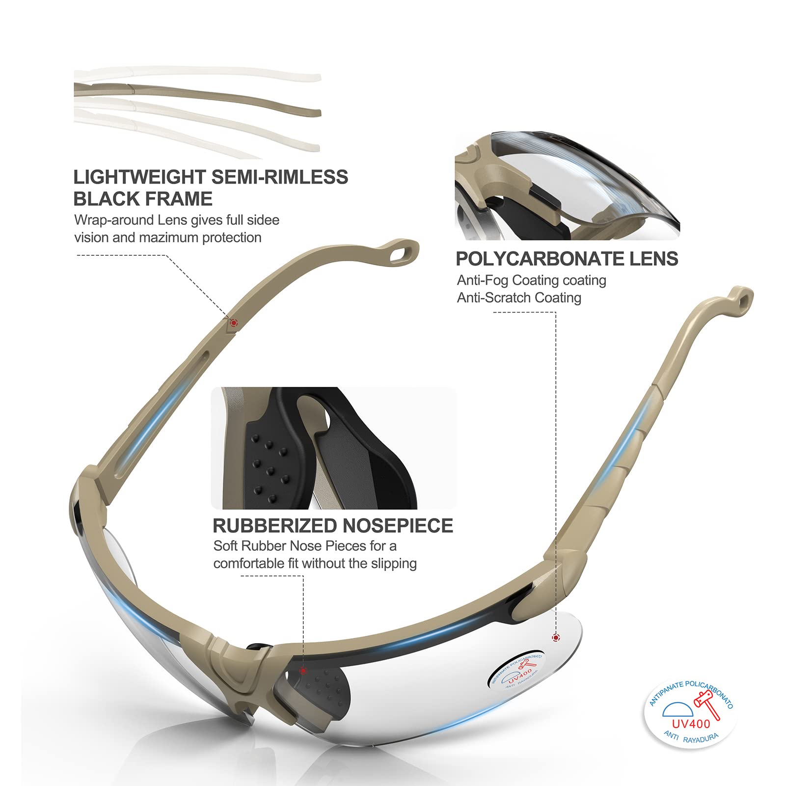 Xaegistac Shooting Glasses With Case Anti Fog Hunting Safety Glasses For Men Women (Clear Lens-Khaki Frame)