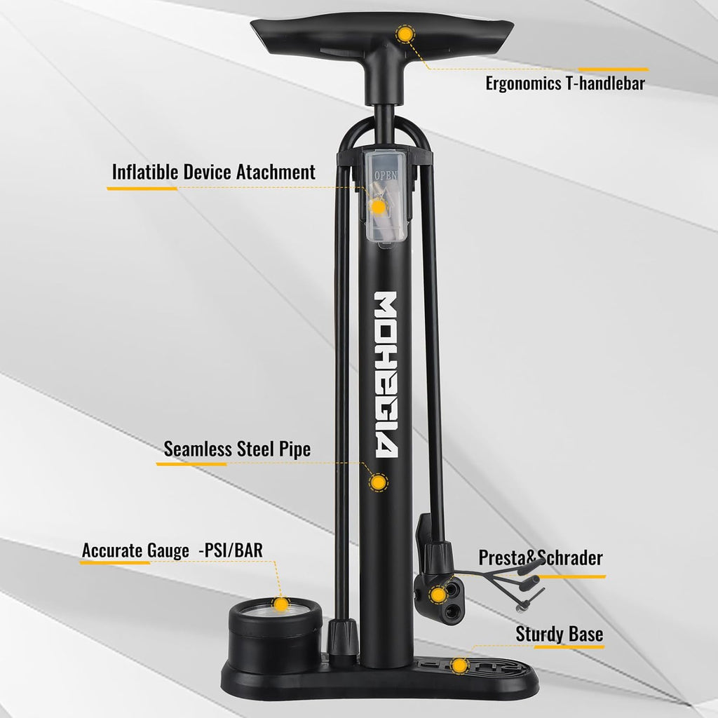 Mohegia Bike Floor Pump With Gauge,Air Bicycle Pump Inflator With High Pressure 160 Psi,Fits Schrader And Presta Valve