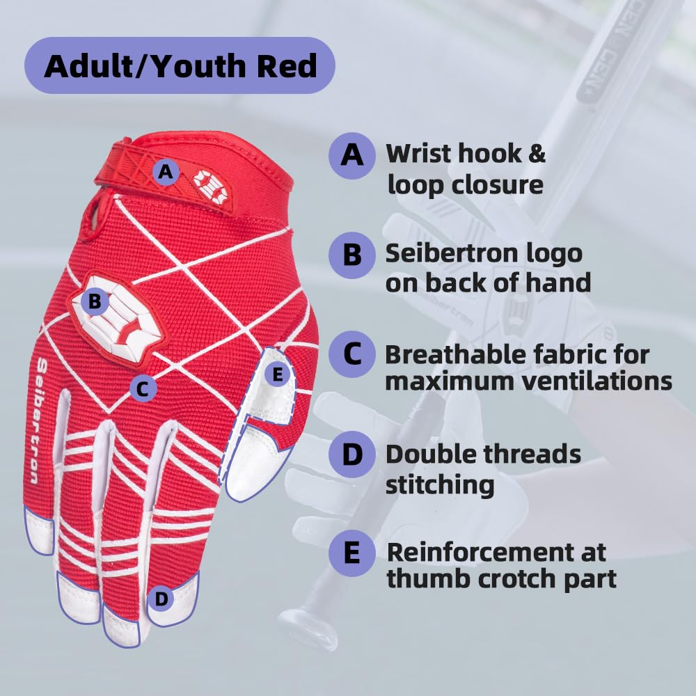 Seibertron B-A-R Pro 2.0 Signature Baseball/Softball Batting Gloves Super Grip Finger Fit For Youth (Red, S)