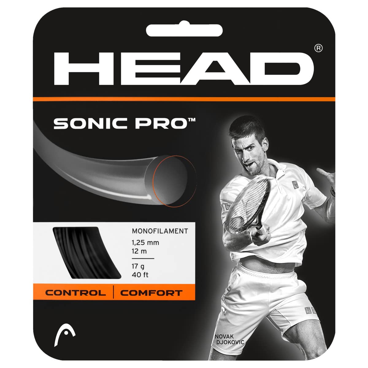 Head Sonic Pro Tennis Racket String 40' Set - 16 Gauge Monofilament Racquet String, Black