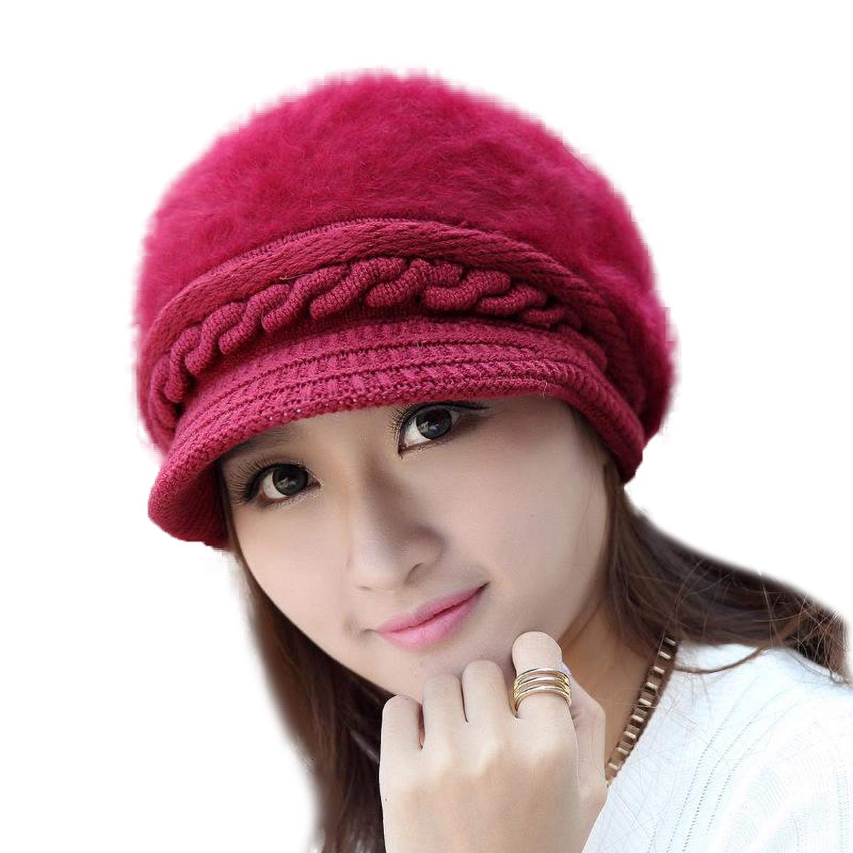 Isweven Stretchable Visor Skull Cap For Women Girls Woollen Knitted Hat WinterAutumn Plain Weave Universal Size Caps (Maroon 4