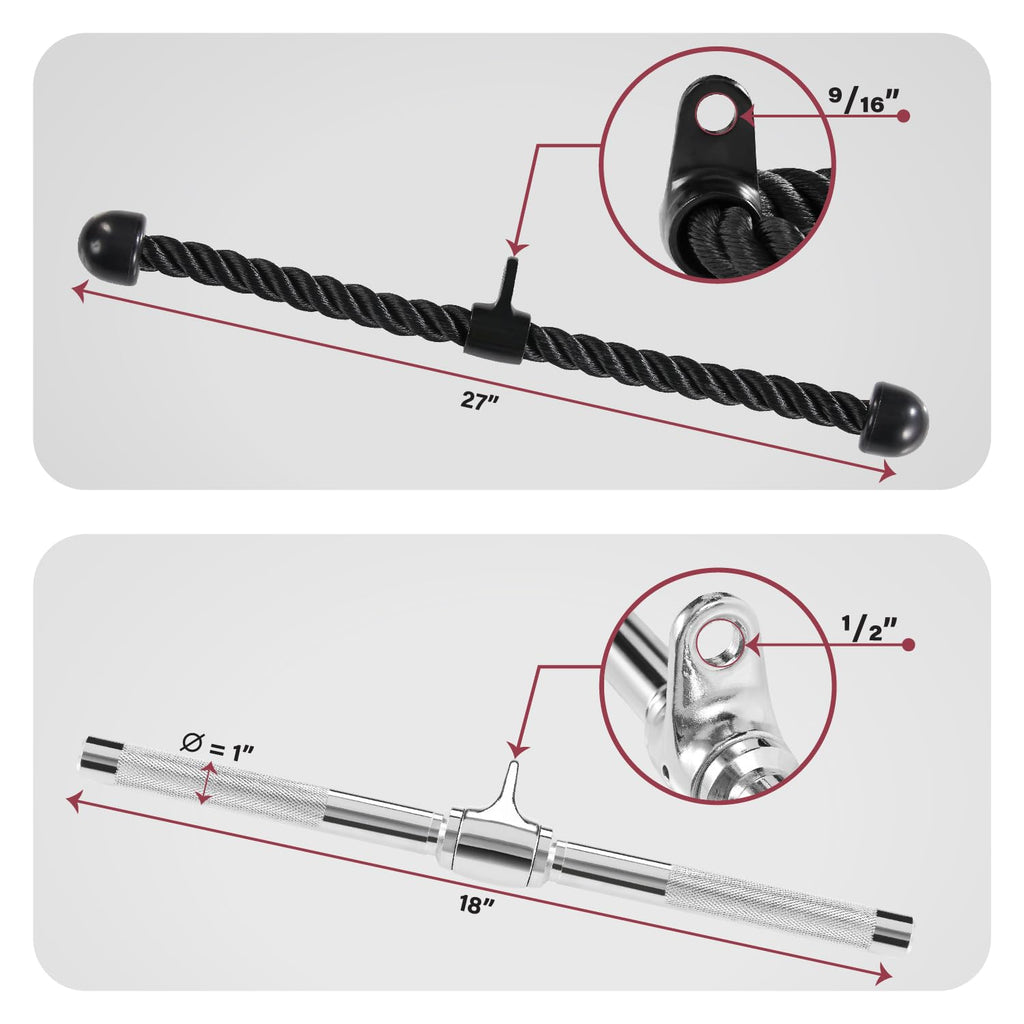 Yes4All Combo Rotating Straight Bar And Tricep Rope, Cable Machine Attachment/Tricep Pull Down Rope - Cable Bar For Strength Tra