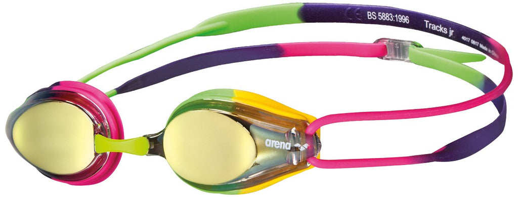 Arena Tracks Jr Youth Swim Goggles, Violet/Fuchsia/Green, Mirror Lens