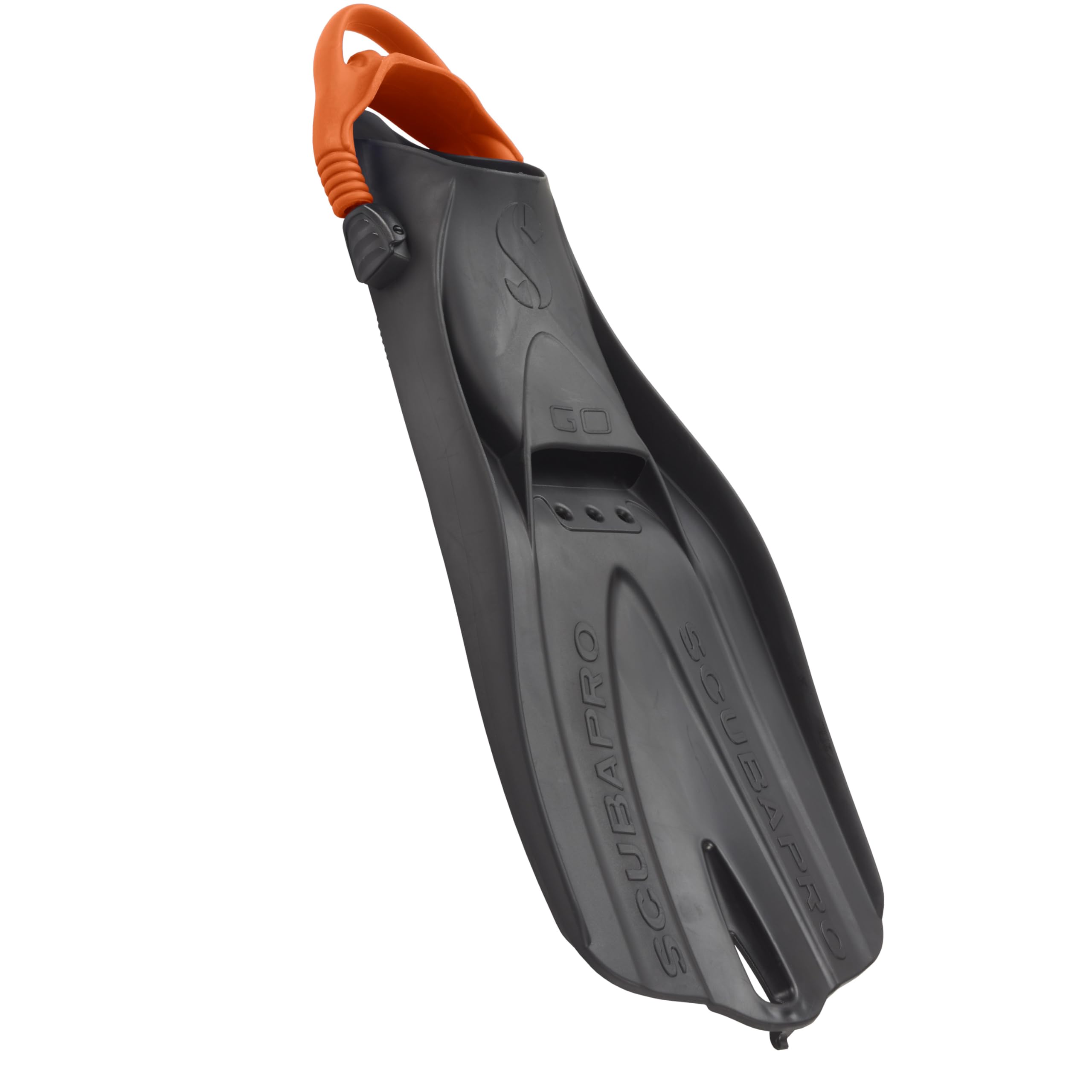 SCUBAPRO GO Travel Scuba Diving Fin for Snorkeling, Diving and Swimming, Black Fin with Orange Bungee Open Heel Strap, XL