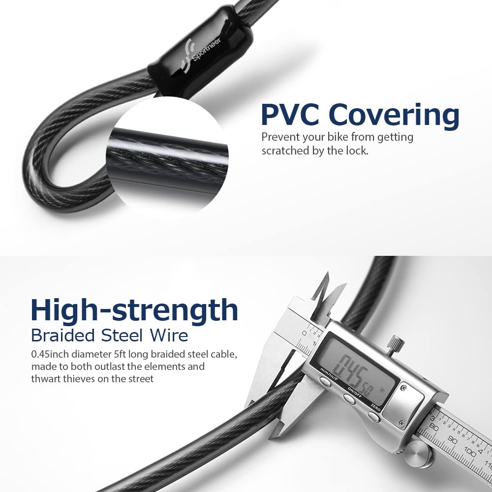 Sportneer Bike Lock Set Heavy Duty Bike U Lock With 5 Ft Security Steel Cable, 17Mm Shackle Bicycle U-Locks With Keys And Sturdy