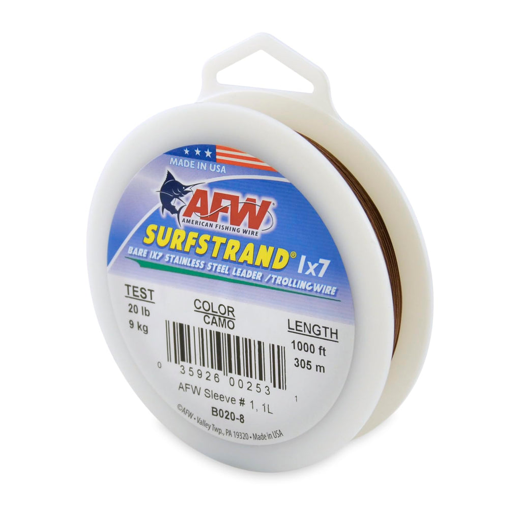 American Fishing Wire Surfstrand, Bare 1X7 Stainless Steel Leader Wire, 20 Lb Test, 0.011 Diameter, Camo, 1000 Ft
