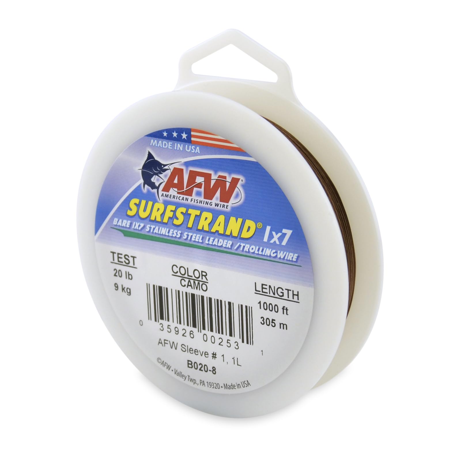 American Fishing Wire Surfstrand, Bare 1X7 Stainless Steel Leader Wire, 20 Lb Test, 0.011 Diameter, Camo, 1000 Ft