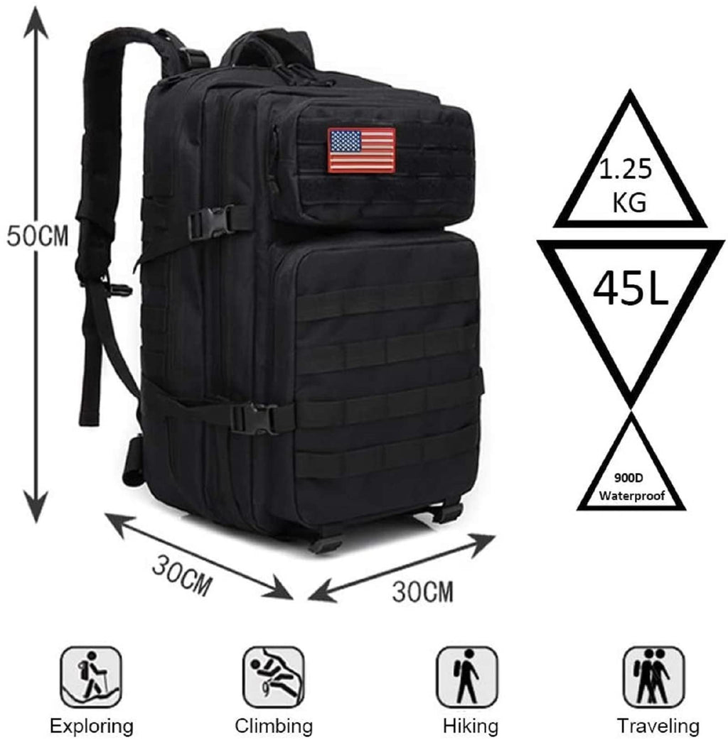 LHI Military Tactical Backpack for Men Molle Daypack 45L Army 3 Days Assault Pack Bag Large Rucksack With Bottle Holder Black an