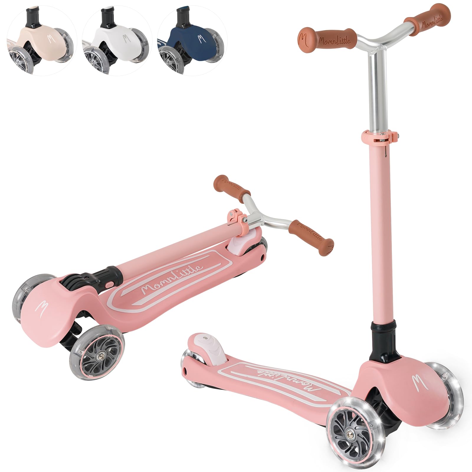 MomnLittle Kick Scooter for Kids Ages 3-10 (Pink) 3 Wheeled with LED Light-Up Wheels CPSC Certified Foldable and 4 Height Adjust