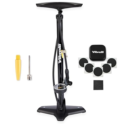 Vibrelli Bike Floor Pump With Gauge & Puncture Kit - 160 Psi - Presta Valve Bike Pump Switches To Schrader - High Pressure Bicyc