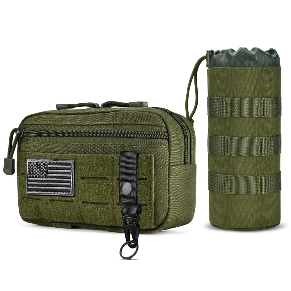 Upgraded Tactical Drawstring Molle Water Bottle Holder Tactical Pouches (Green-2pack)