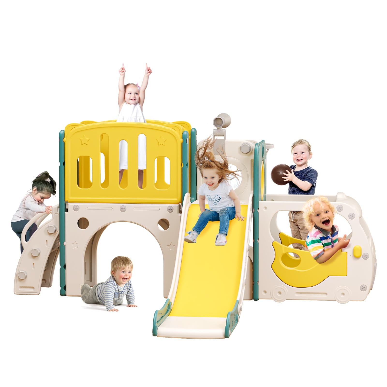Toddler Slide Kids Slide Playset for Babies Bus Themed Toddler Playground with Climber Baskteball Hoop Indoor Playground Outdoor