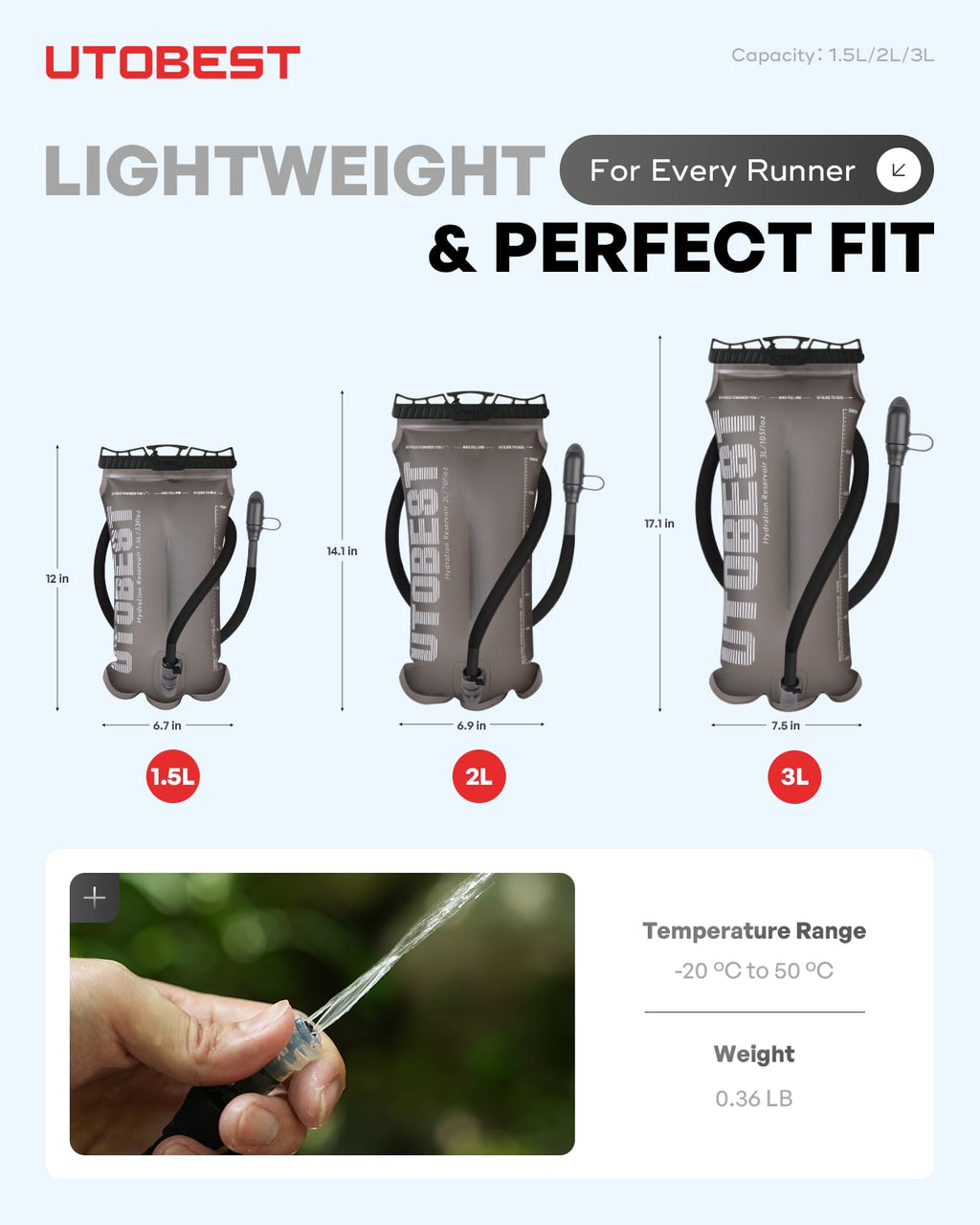 Utobest Hydration Bladder 1.5 L 2L 3L,Tpu Water Bladder,Water Bladder For Hiking Backpack,Bpa Free,Wide Opening,Leak-Proof,Water