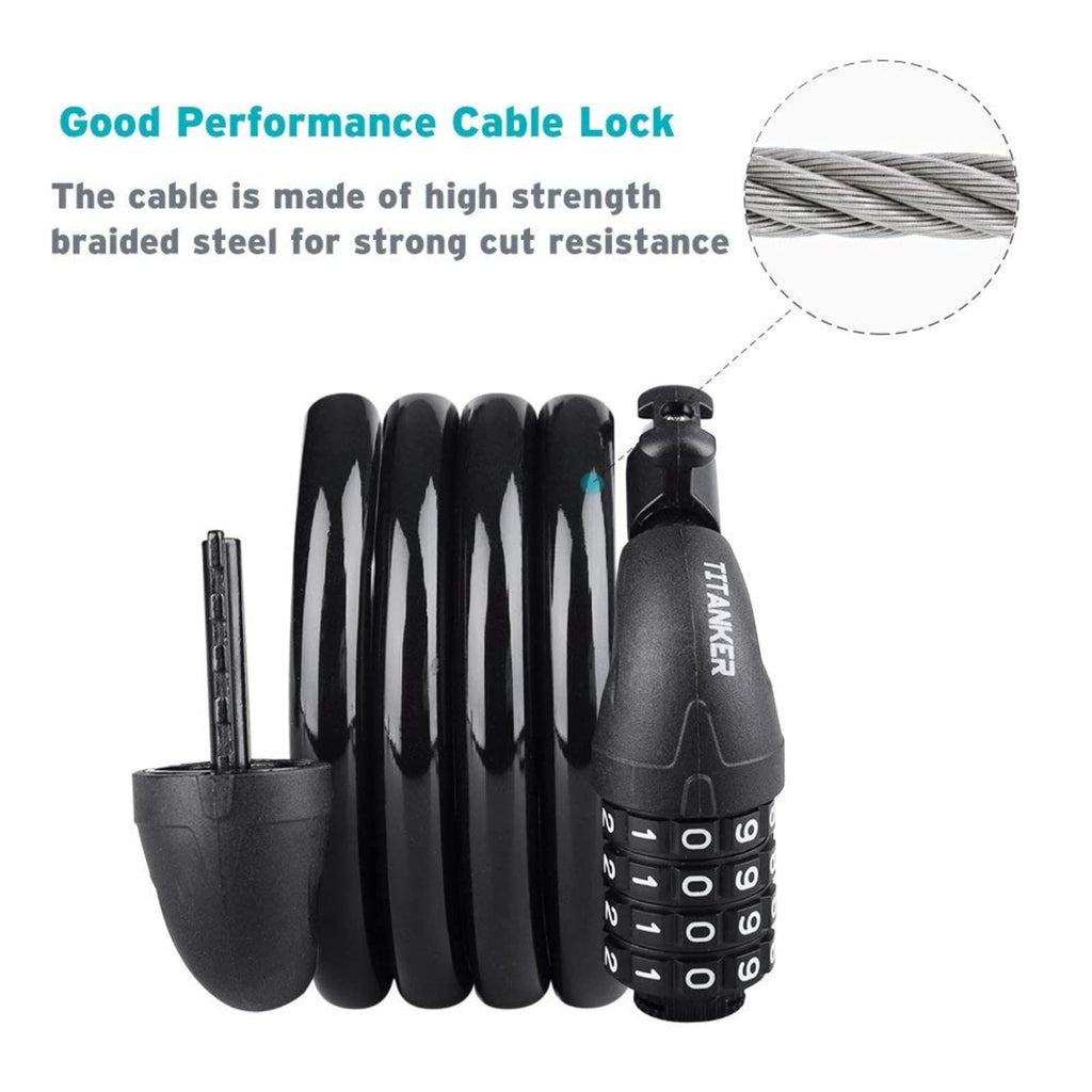 Titanker Bike Cable Lock, Bike Locks Cable 4 Feet Coiled Secure Resettable Combination Bike Lock With Mounting Bracket 1/2 Inch