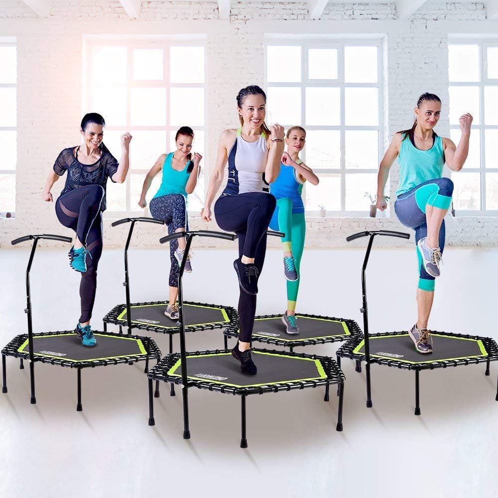 Onetwofit 48'' Silent Mini Trampoline With Adjustable Handle Bar Fitness Trampoline Bungee Rebounder Jumping Cardio Trainer Work