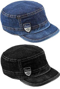 Classic Denim Cadet Cap, Blue And Black Military Style Flat Top Hat