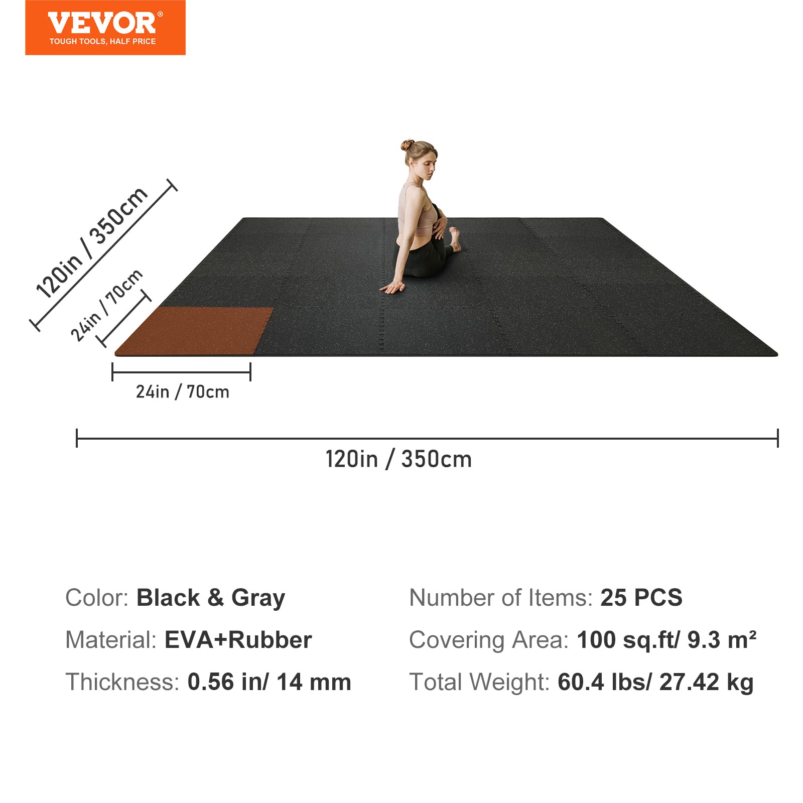Vevor 25 Pcs 1/2 Inch Thick Gym Floor Mats, 24'' X 24'' Eva Foam & Rubber Top Interlocking Workout Floor Mats With 100 Sq.Ft Cov