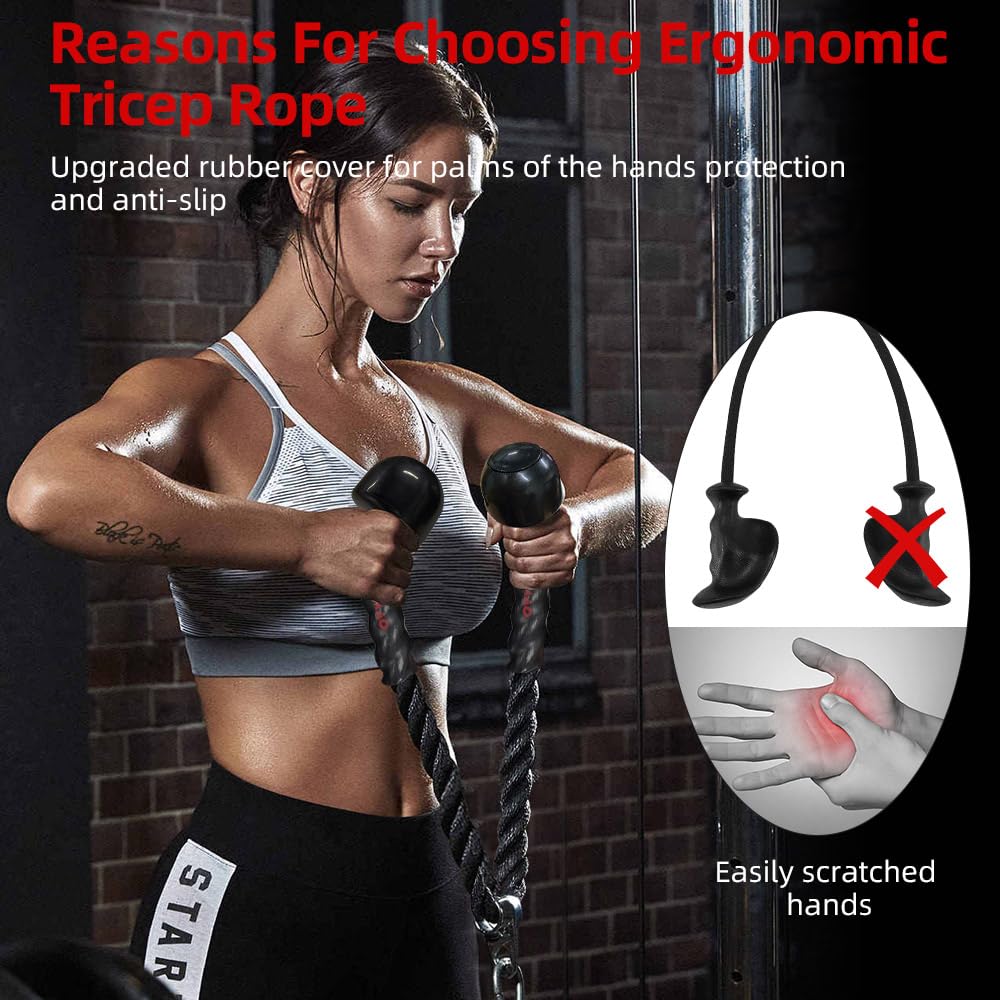 Diaomao Upgraded Tricep Pull Down Rope - Tricep Rope Cable Attachment 35 Inch With Rubber Pad - Stainless Steel Carabiner Clips