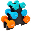 Signature Fitness Set Of 2 Neoprene Dumbbell Hand Weights, Anti-Slip, Anti-Roll, Hex Shape Colorful (Set With Rack: 32-Pound, 3 