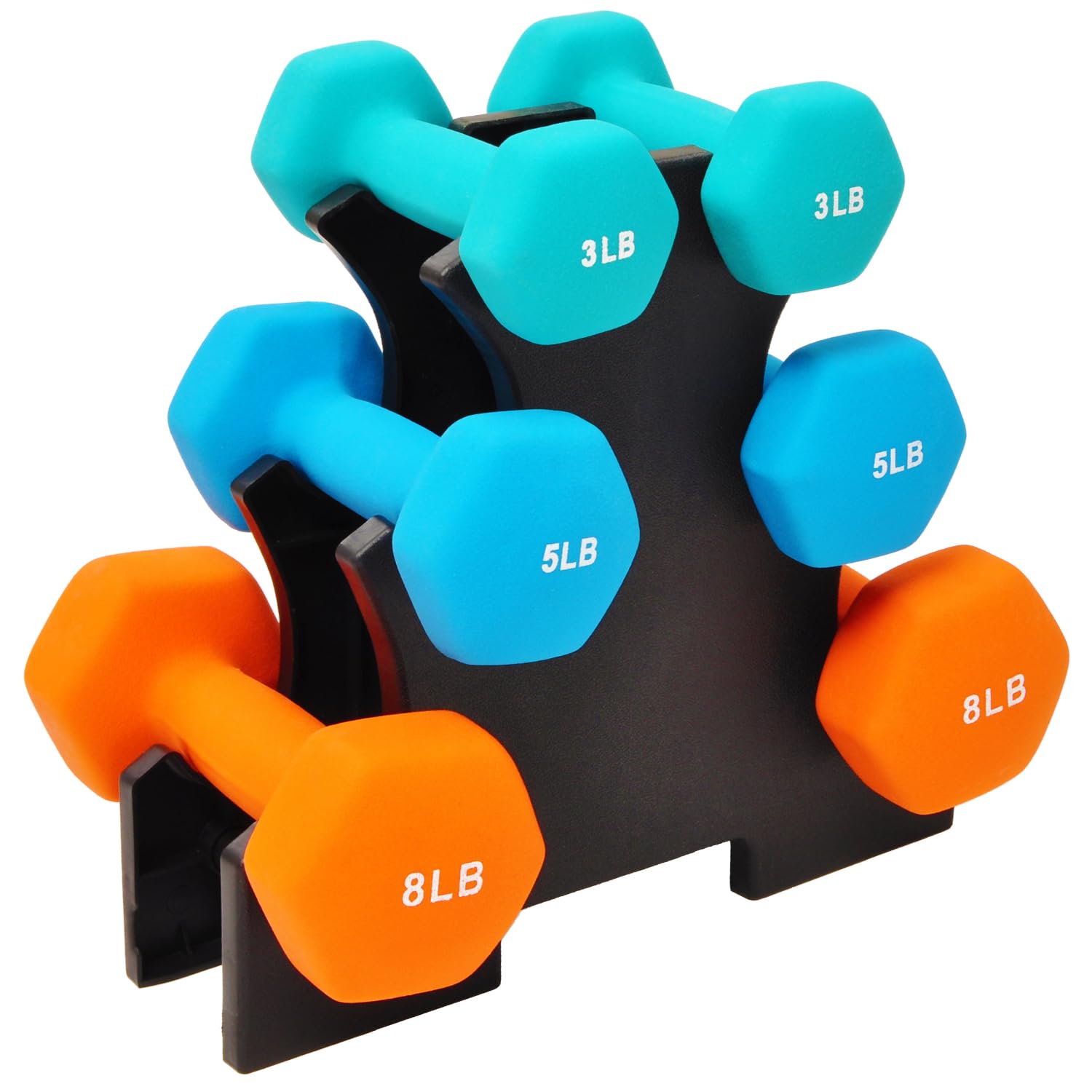 Signature Fitness Set Of 2 Neoprene Dumbbell Hand Weights, Anti-Slip, Anti-Roll, Hex Shape Colorful (Set With Rack: 32-Pound, 3 