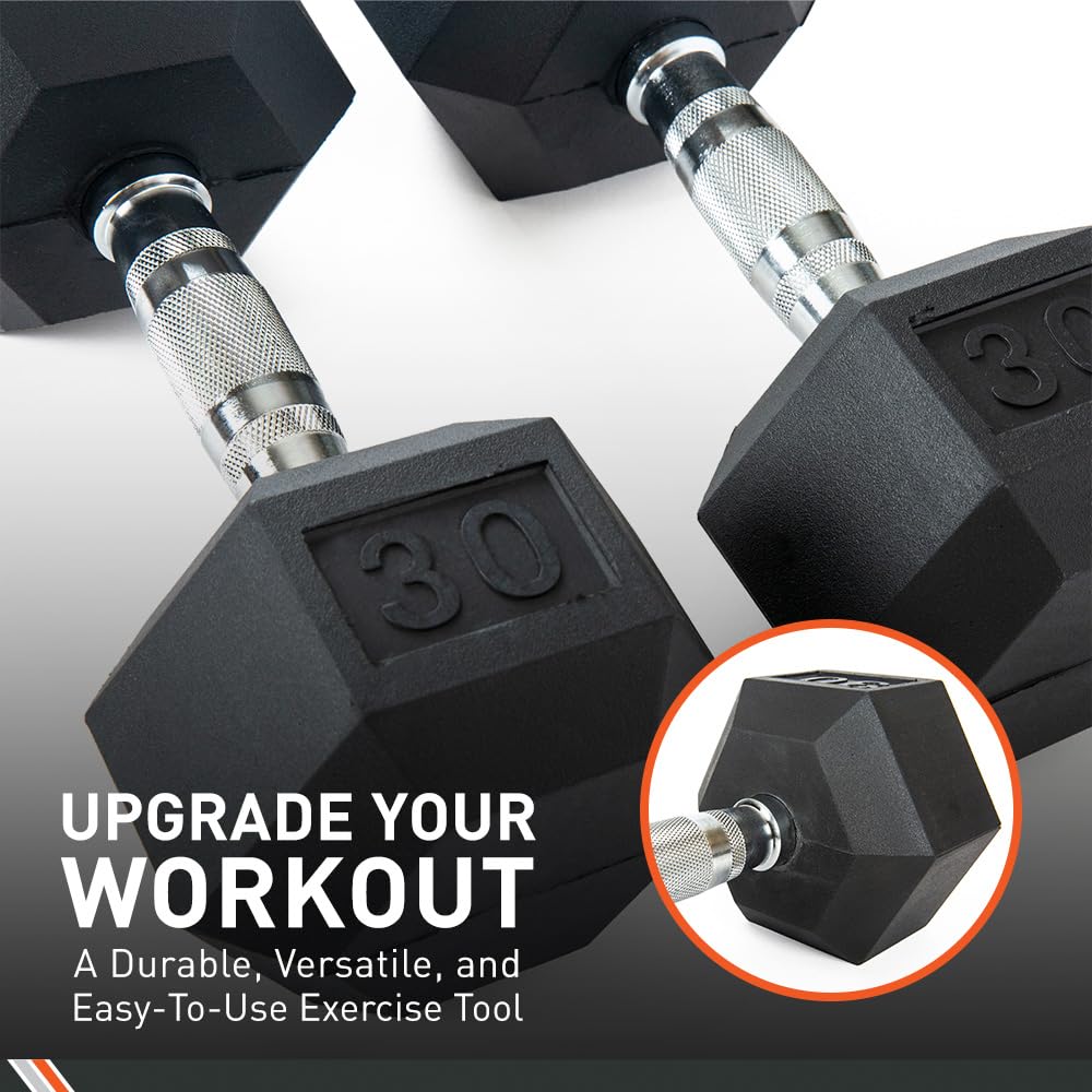 Body Sport Rubber Encased Hex Dumbbell Weight, 60 Lb. (Pair) - Chrome, Anti-Slip Grip For Strength Training - Home Gym & Fitness