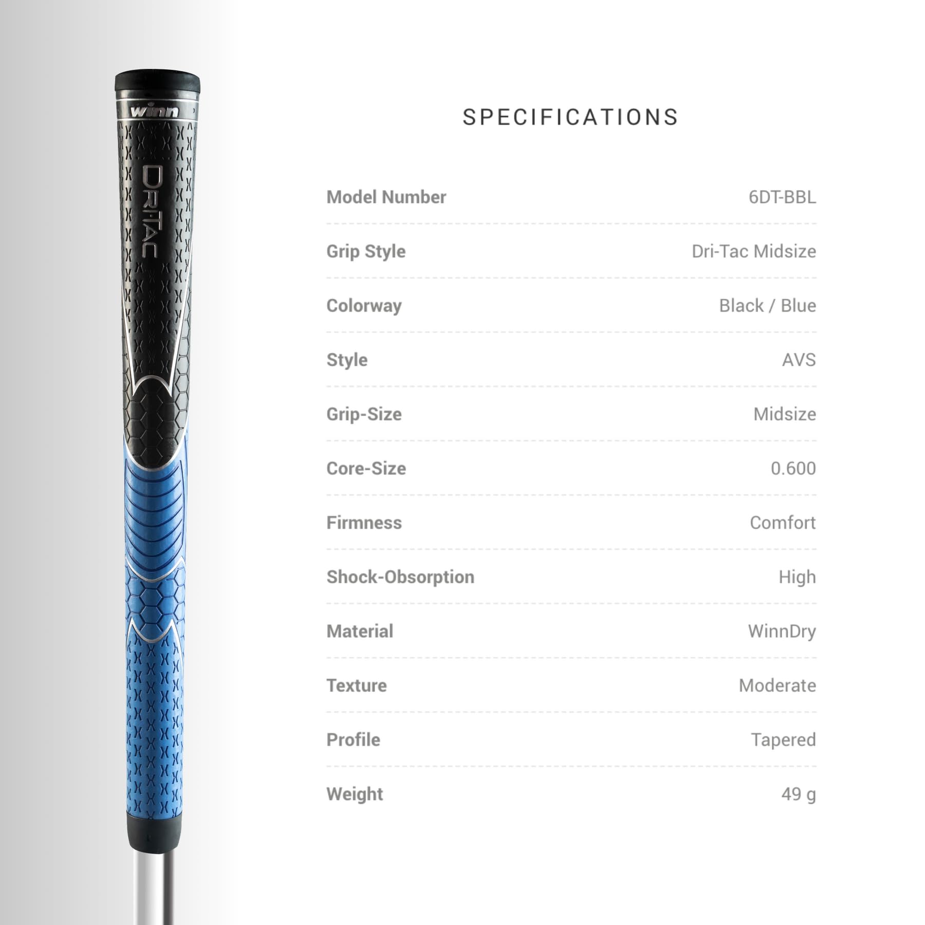 Winn Dri-Tac Midsize 13 Pieces Black/Blue Golf Grip - Non-Slip & Cushioned Comfort - Incredible Comfort & Moisture-Wicking - Sho