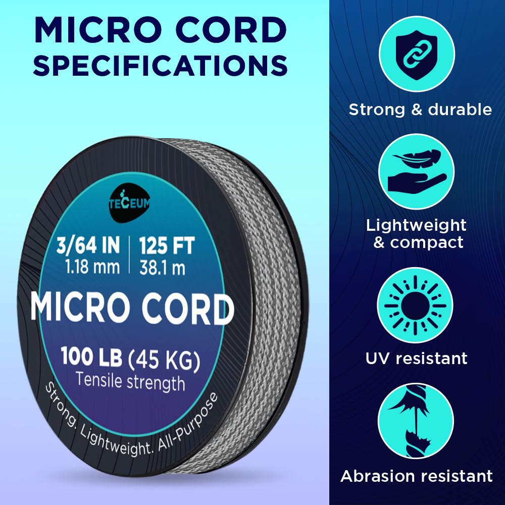 Teceum Micro Paracord - Gray - 1.18 Mm X 125 Ft - Micro Utility Cord - Thin Braided Paracord Rope Nylon Polyester - Wind Chime R