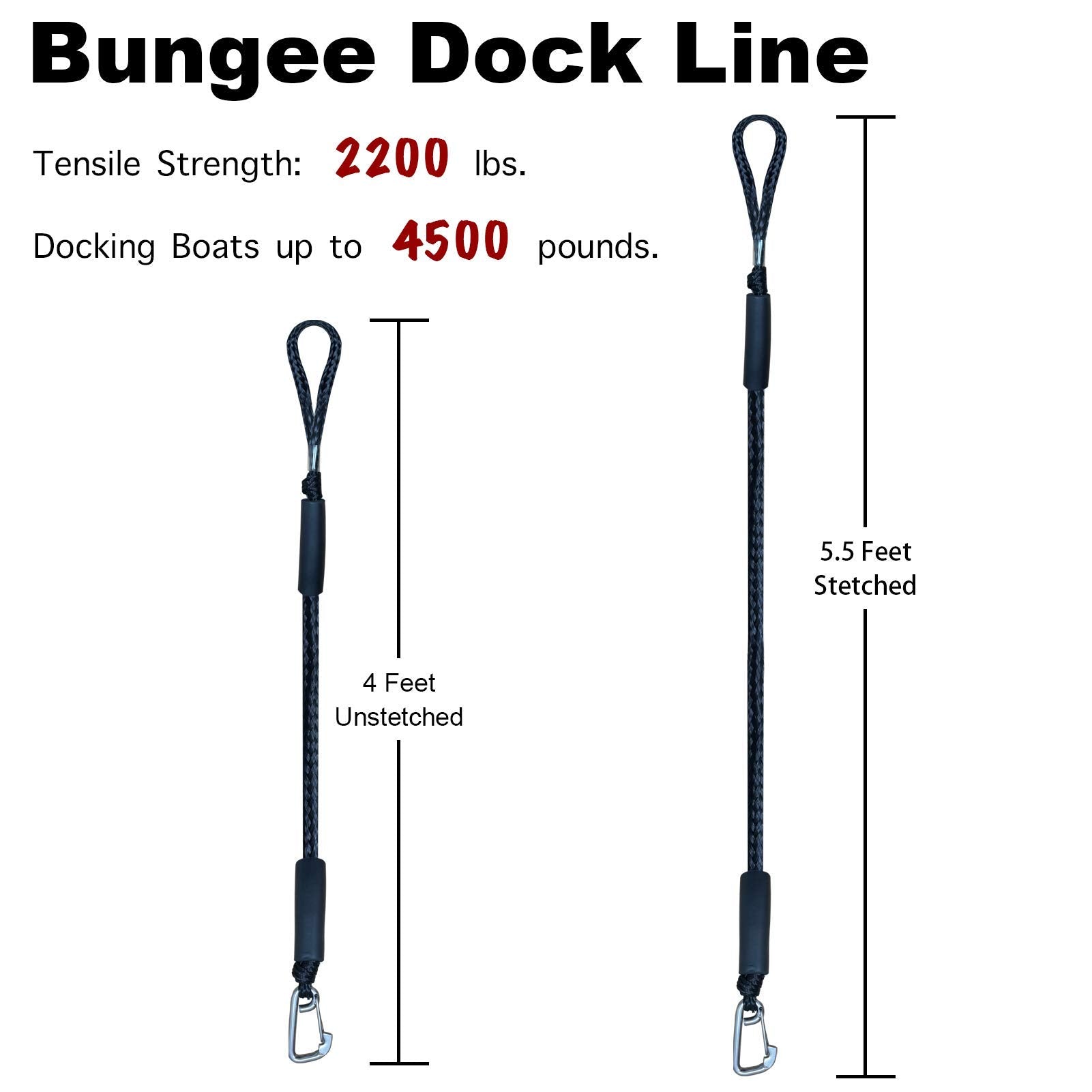 Bungee Dock Line Mooring Rope For Docking With Stainless Steel Clip Accessories For Boats Pwc, Built In Snubber, Kayak, Watercra