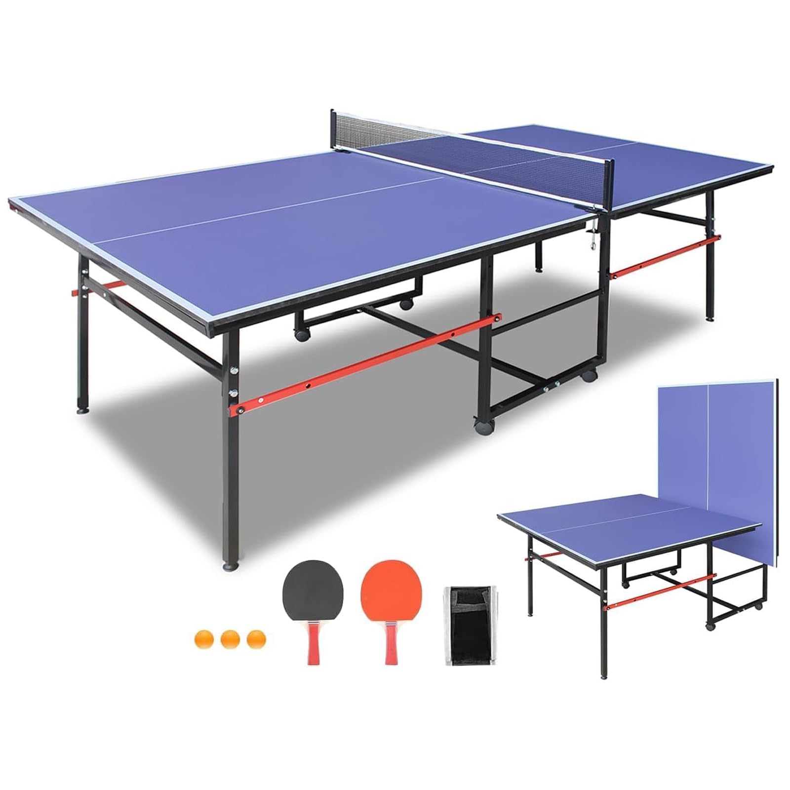 Ping Pong Table Foldable Indoor 8FT Single Player Playback Mode Game Set with Paddles and Balls (Blue-8x4FT)