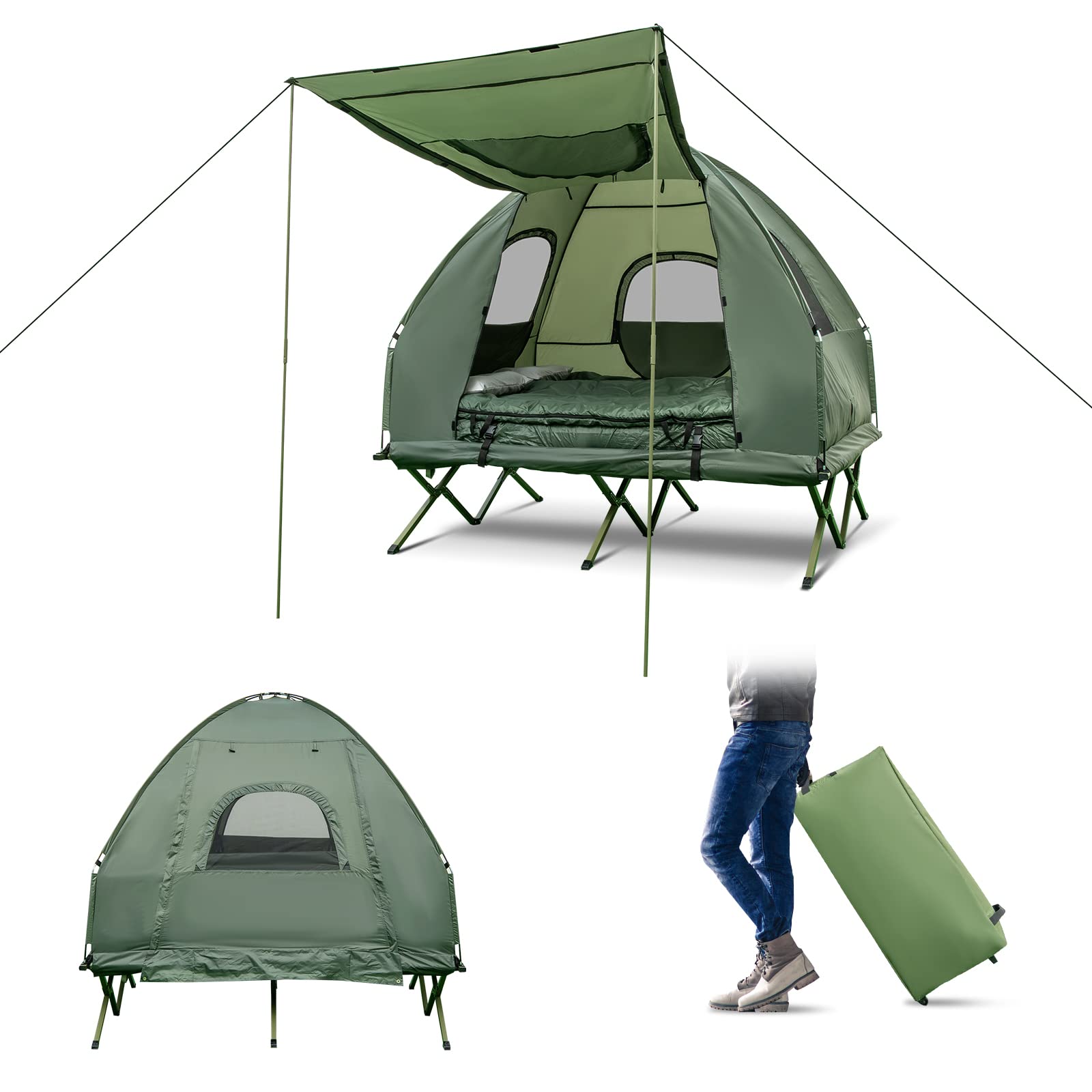 Dortala 2-Person Tent Cot, Foldable Camping Tent W/Air Mattress & Sleeping Bag, Elevated Camping Tent W/Waterproof & Uv-Resistan
