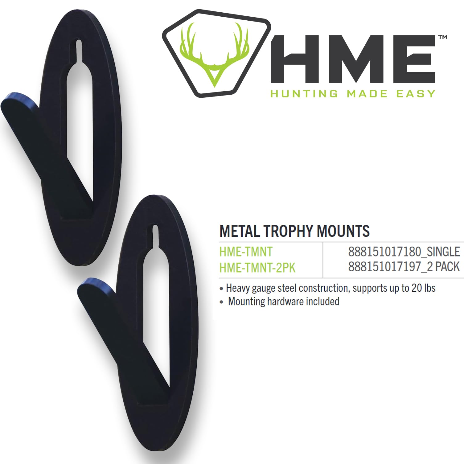 Hme Reliable Durable Heavy Gauge Steel Hunting Trophy Mount - Supports Up To 20 Lbs, Mounting Hardware Included / 2 Packs
