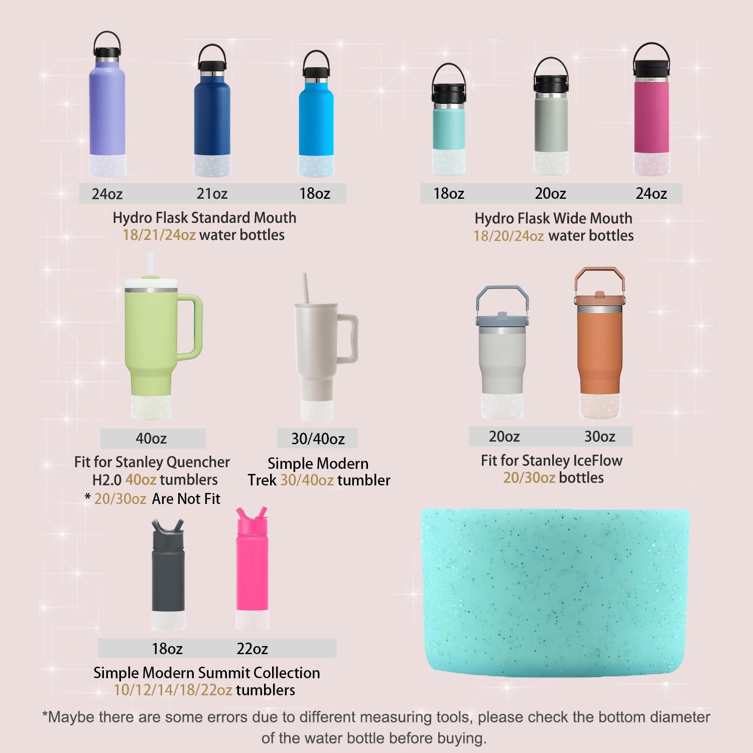 Worbss 2 Pack Aqua Glitter Silicone Boot Sleeve For Stanley Cup 40Oz Accessories For Hydro Flask 18-24Oz And More Wide Mouth Wat