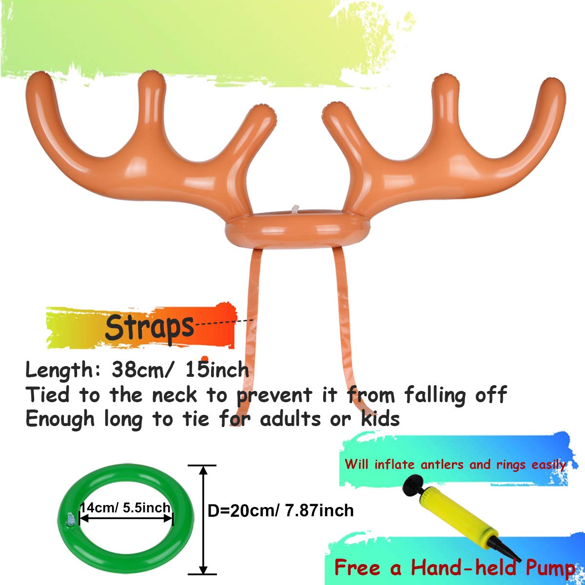 2 Set Inflatable Reindeer Antler Game, (2 Inflatable Antler, 12 Rings Reindeer Ring Toss) Inflatable Reindeer Antler Hat With Ri