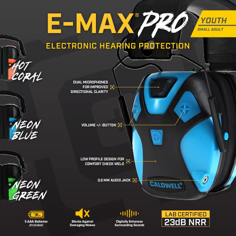 Caldwell E-Max Pro Electronic Hearing Protection 23-24 Nrr - Adjustable Lo Pro Earmuffs For Shooting, Hunting And Range, Neon Bl