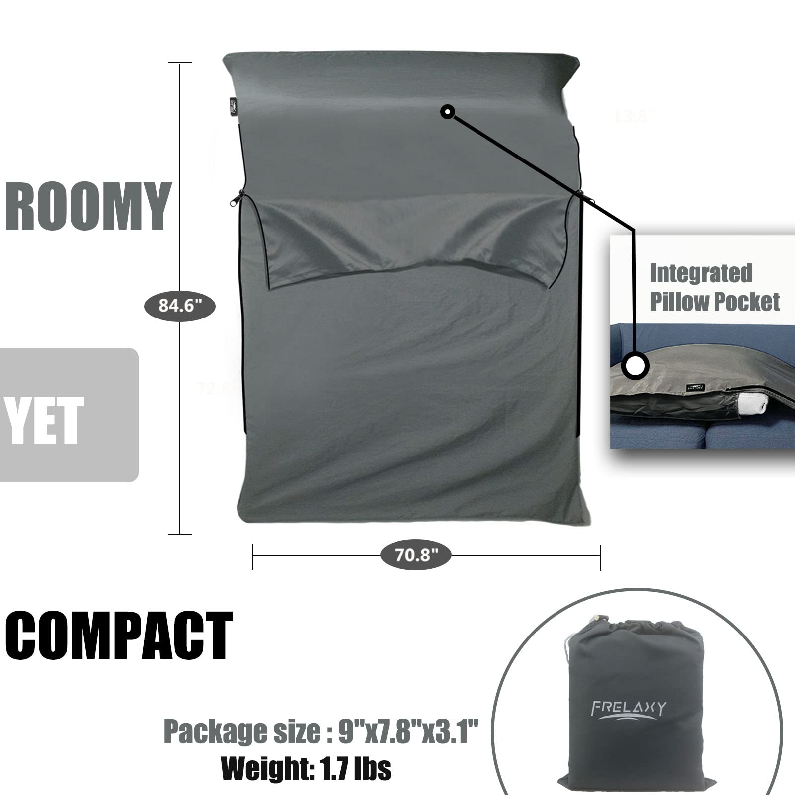 Frelaxy Sleeping Bag Liner, Xl Travel Sheet & Camping Sheet For Backpacking, Hotel, Hostels & Traveling, Comfy & Easy Care, Doub
