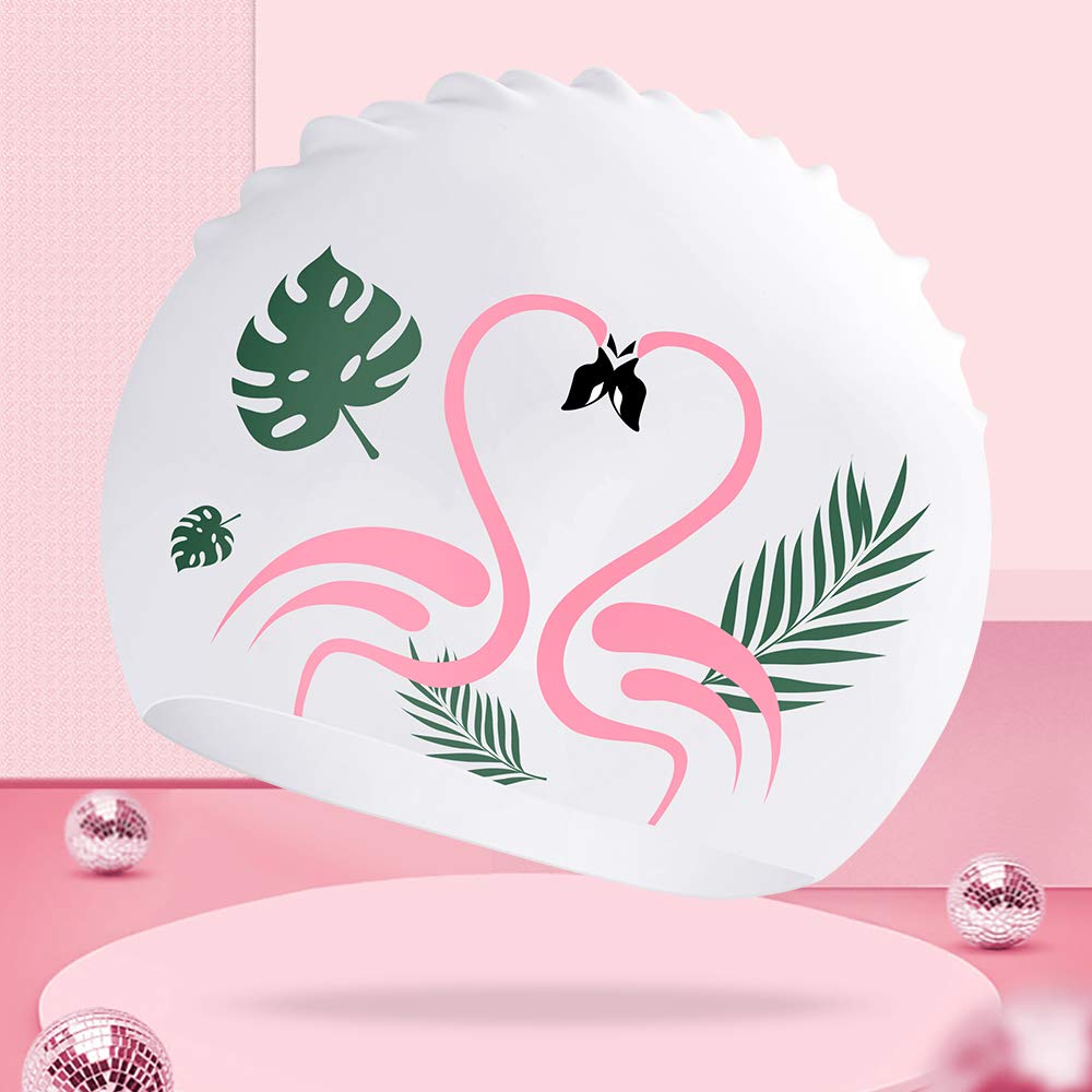 Copozz Swim Cap For Women, Silicone Waterproof Comfy Swimming Bathing Cap For Long Hair With Flamingo Printed