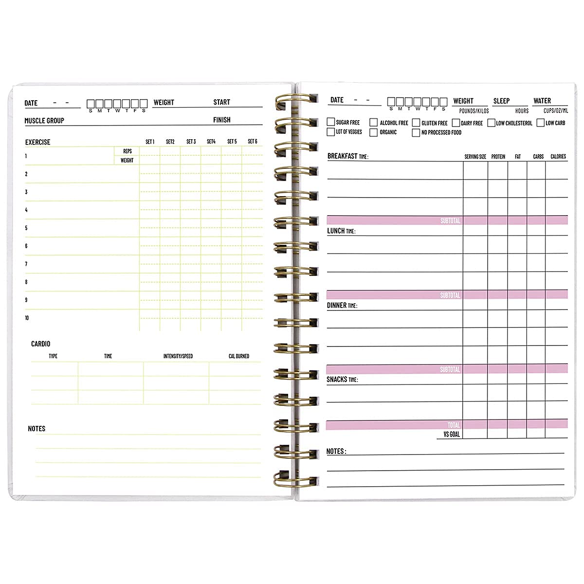 Food And Fitness Journal Meal Journal Diary Workout Wellness Log Notebook Planner Weight Loss Diet Meal Exercise Training Health